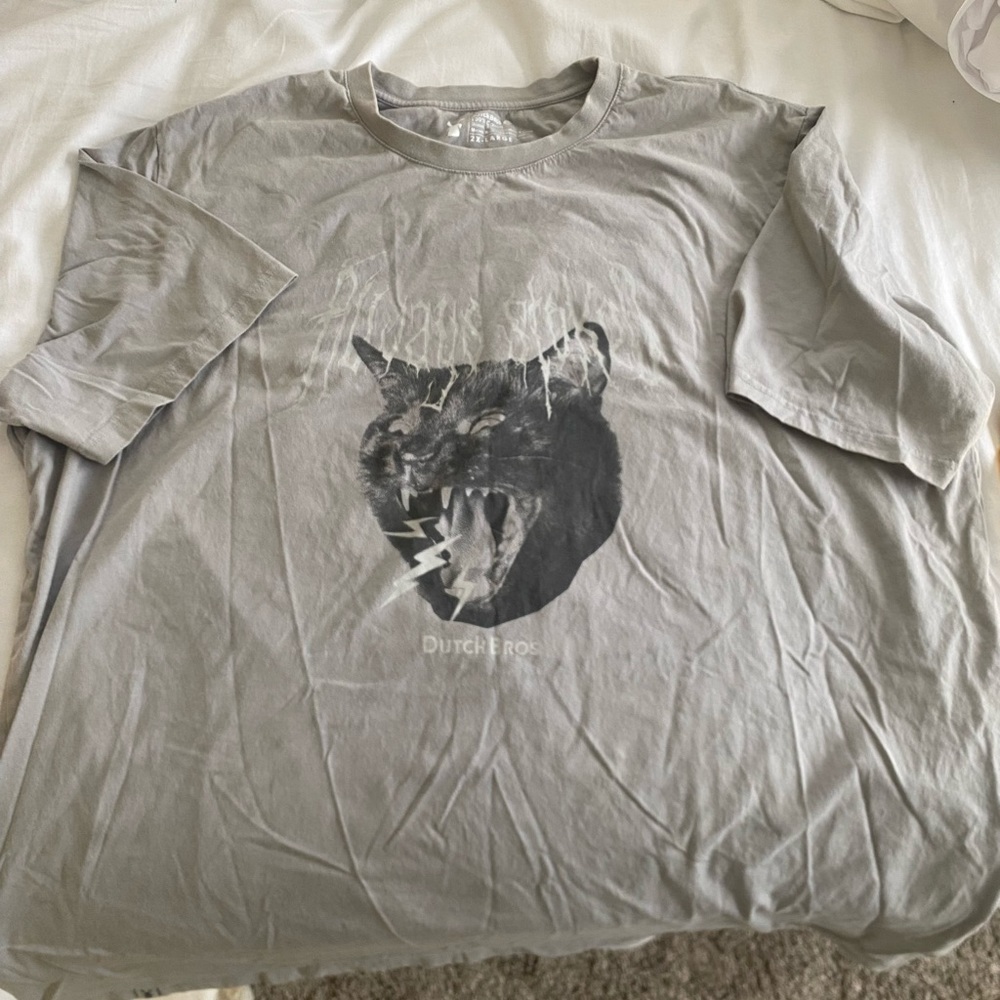 Authentic Dutch bros shirt, grey with cat on front. Plain on back